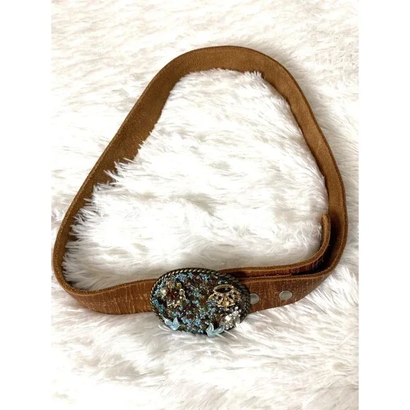 Genuine Leather Belt Women Size 38 Rhinestone Oval Buckle Brown Western - Picture 1 of 10